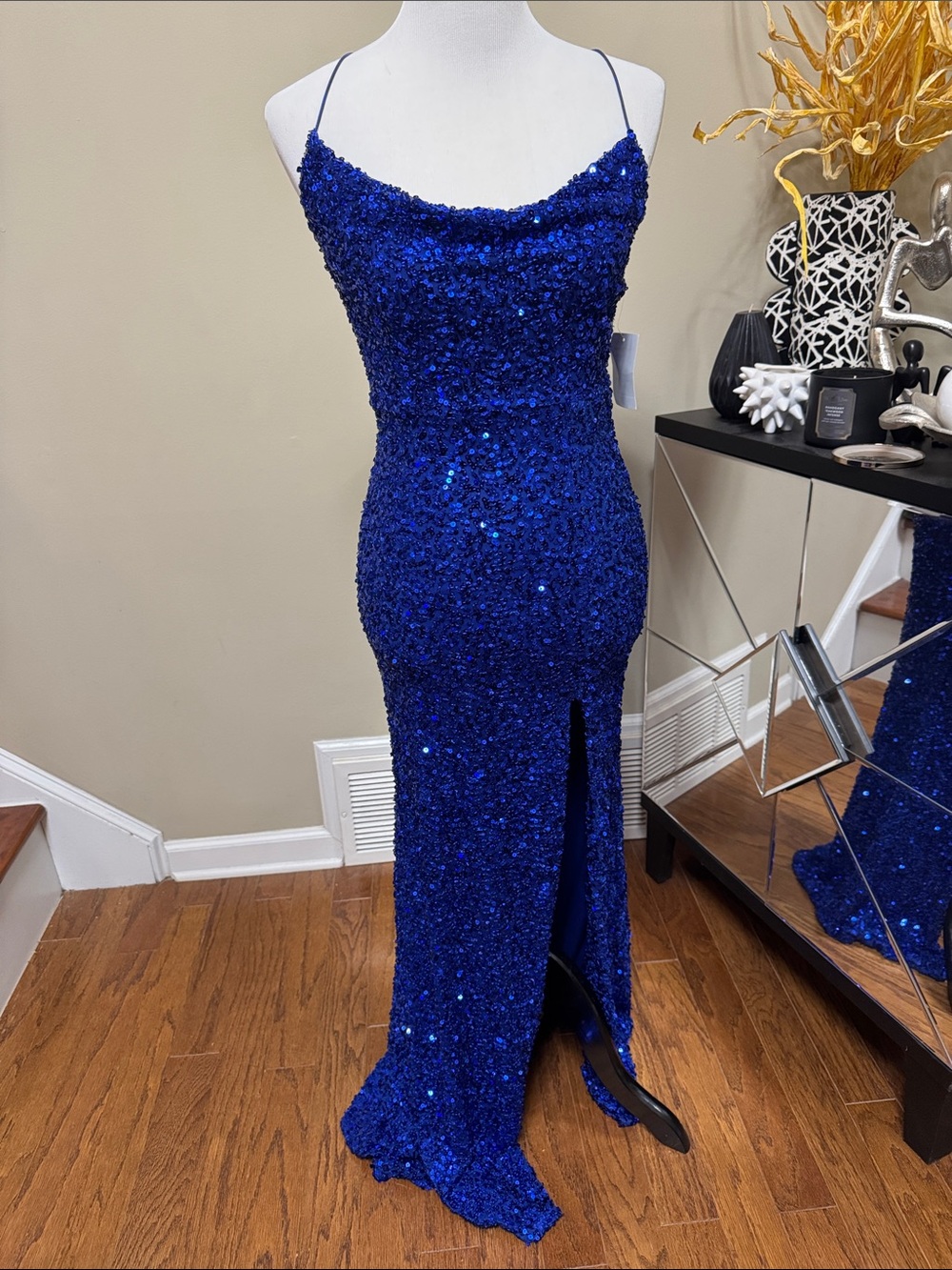 B Darlin Royal Blue Sequin Cowl Neck Prom/Gown High Side Slit Size 5/6 NWT